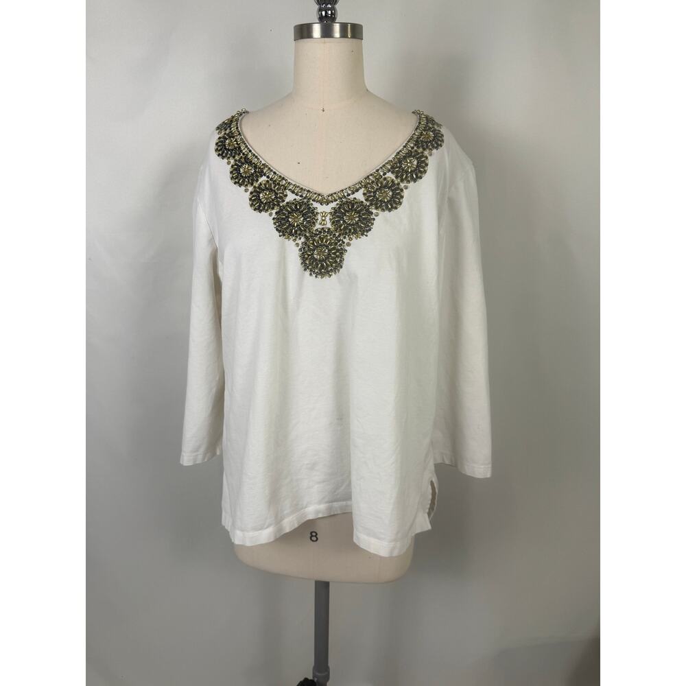 Ruby Rd Cotton Beaded Embellished Lagenlook 3/4 Sleeve Blouse Top Witchy Holiday